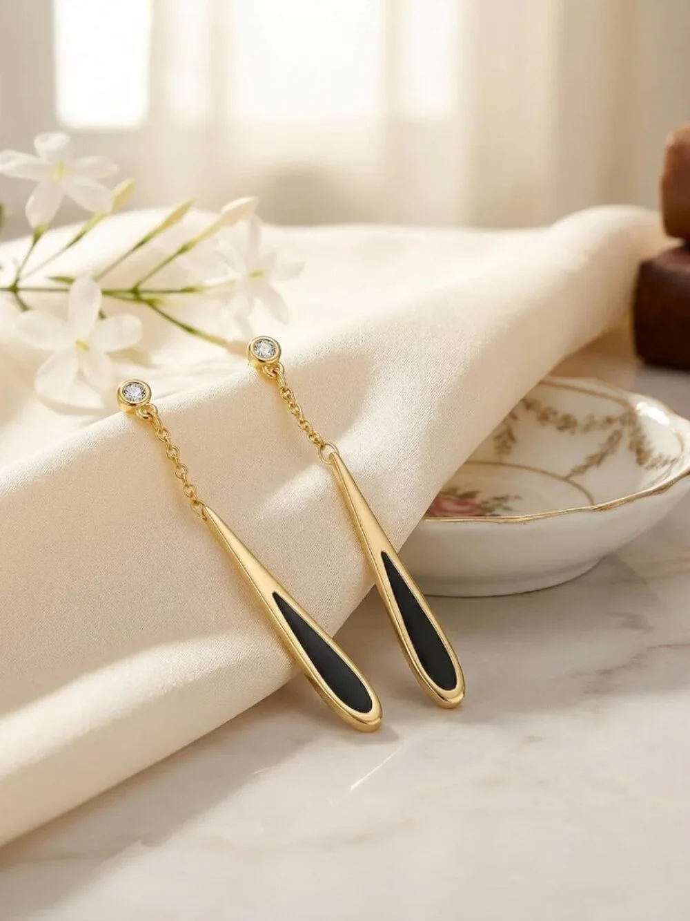 Gold Dangle Earrings for Women Black Waterdrop Drop Earrings Valentines for Gift - Picture 4 of 7